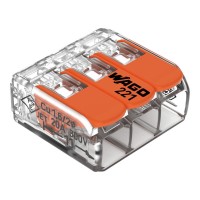 Conector de emenda; para condutores de até 4mm² com 3 entradas. Produto transparente e com alavancas laranjas. Temperatura máx. de operação 105ºC