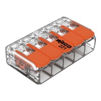 Conector de emenda; para condutores de até 6mm² com 5 entradas. Produto transparente e com alavancas laranjas. Temperatura máx. de operação 105ºC
